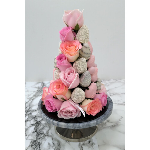 25cm Silver White with Pink Rose Strawberry Tower (Small)